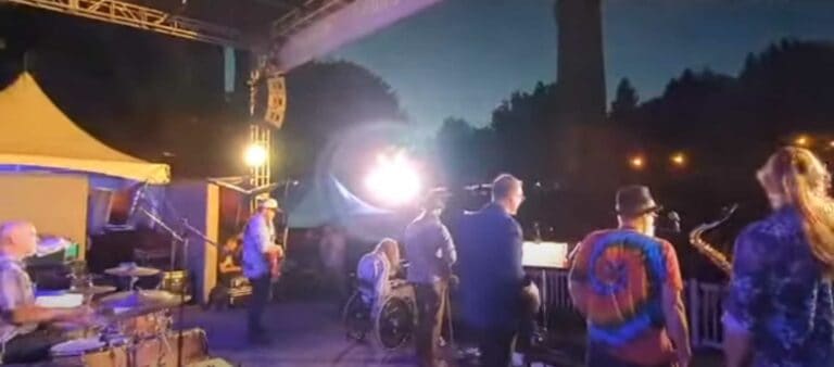 Johnny Wheels & The Swamp Donkeys performing at the 2024 Cathedral Park Jazz Festival.